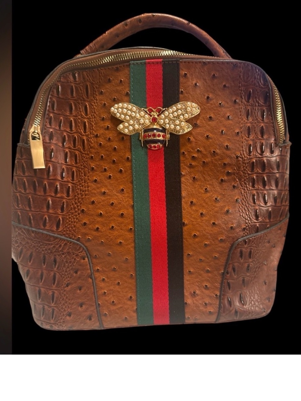 Brown Ostrich-Texture Men's Backpack with Red & Green Stripe